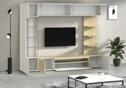 Parete Attrezzata Marrone Acero Beige Cashmere 8 Ripiani 5 Ante 245x40x191.2h cm, Apertura Battente - Galatina
