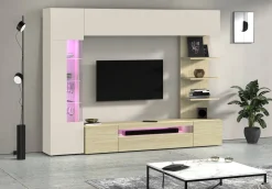 Parete Attrezzata Marrone Acero Beige Cashmere 8 Ripiani 5 Ante 245x40x191.2h cm, Apertura Battente - Galatina
