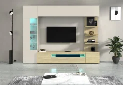 Parete Attrezzata Marrone Acero Beige Cashmere 8 Ripiani 5 Ante 245x40x191.2h cm, Apertura Battente - Galatina