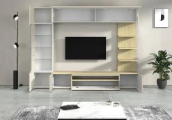 Parete Attrezzata Marrone Acero Beige Cashmere 8 Ripiani 5 Ante 245x40x191.2h cm, Apertura Battente - Galatina
