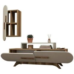 Parete Attrezzata Marrone Noce Bianco Crema Modulabile 8 Ripiani, 7 Vani - Genola