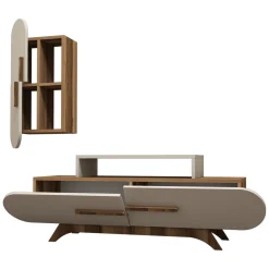 Parete Attrezzata Marrone Noce Bianco Crema Modulabile 8 Ripiani, 7 Vani - Genola