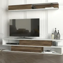 Parete Attrezzata Marrone Noce Bianco Modulabile 4 Ripiani, 2 Ante - Vernole