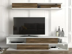Pareti Attrezzate > Dmora Parete Attrezzata Marrone Noce Bianco Modulabile 6 Ripiani, 3 Ante - Gais Bianco, Marrone Noce