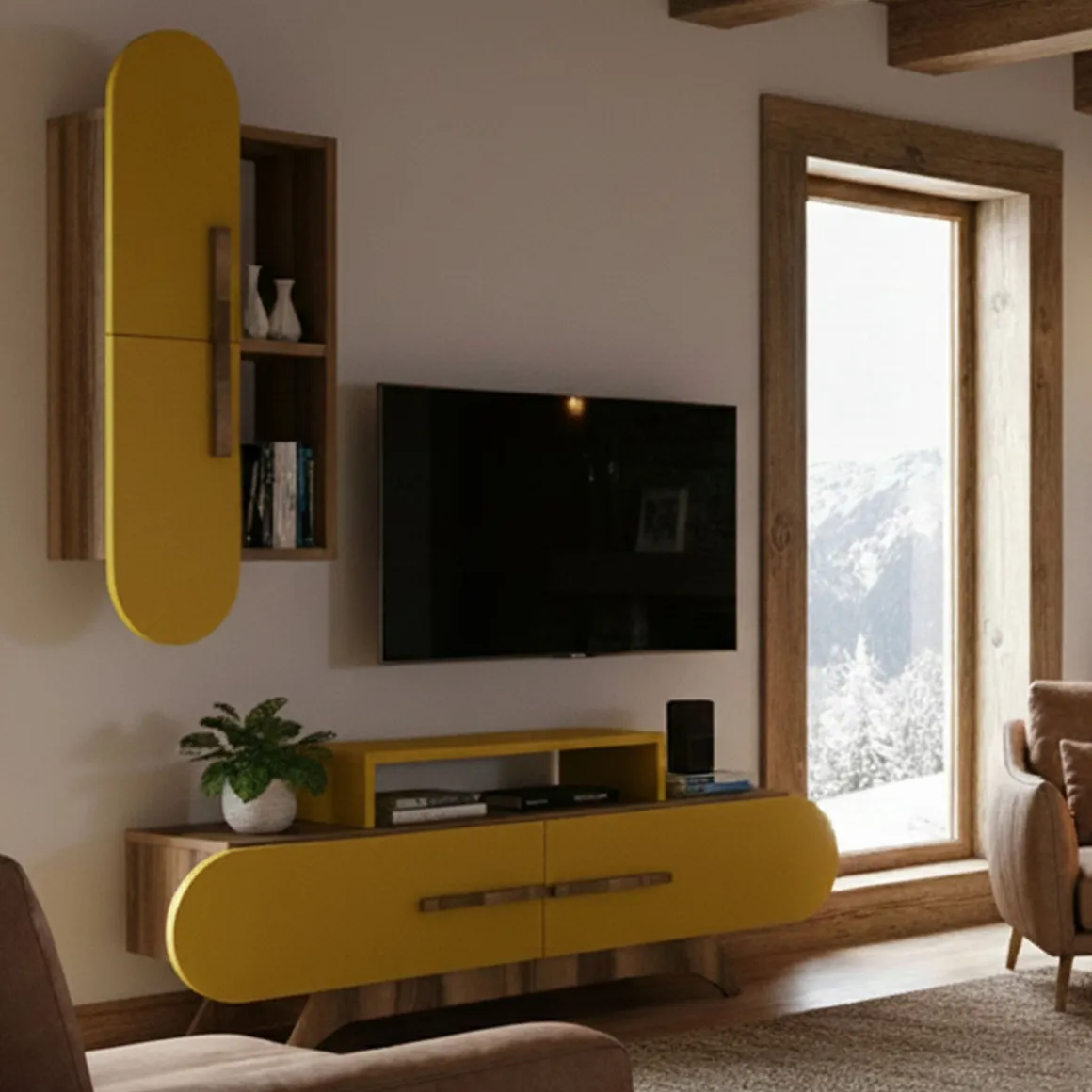 Pareti Attrezzate > Dmora Parete Attrezzata Marrone Noce Giallo Modulabile 10 Ripiani, 5 Ante - Serralta Giallo, Marrone Noce