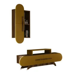 Parete Attrezzata Marrone Noce Giallo 6 Ripiani Modulabile, Apertura Battente, a Ribalta - Ossimo
