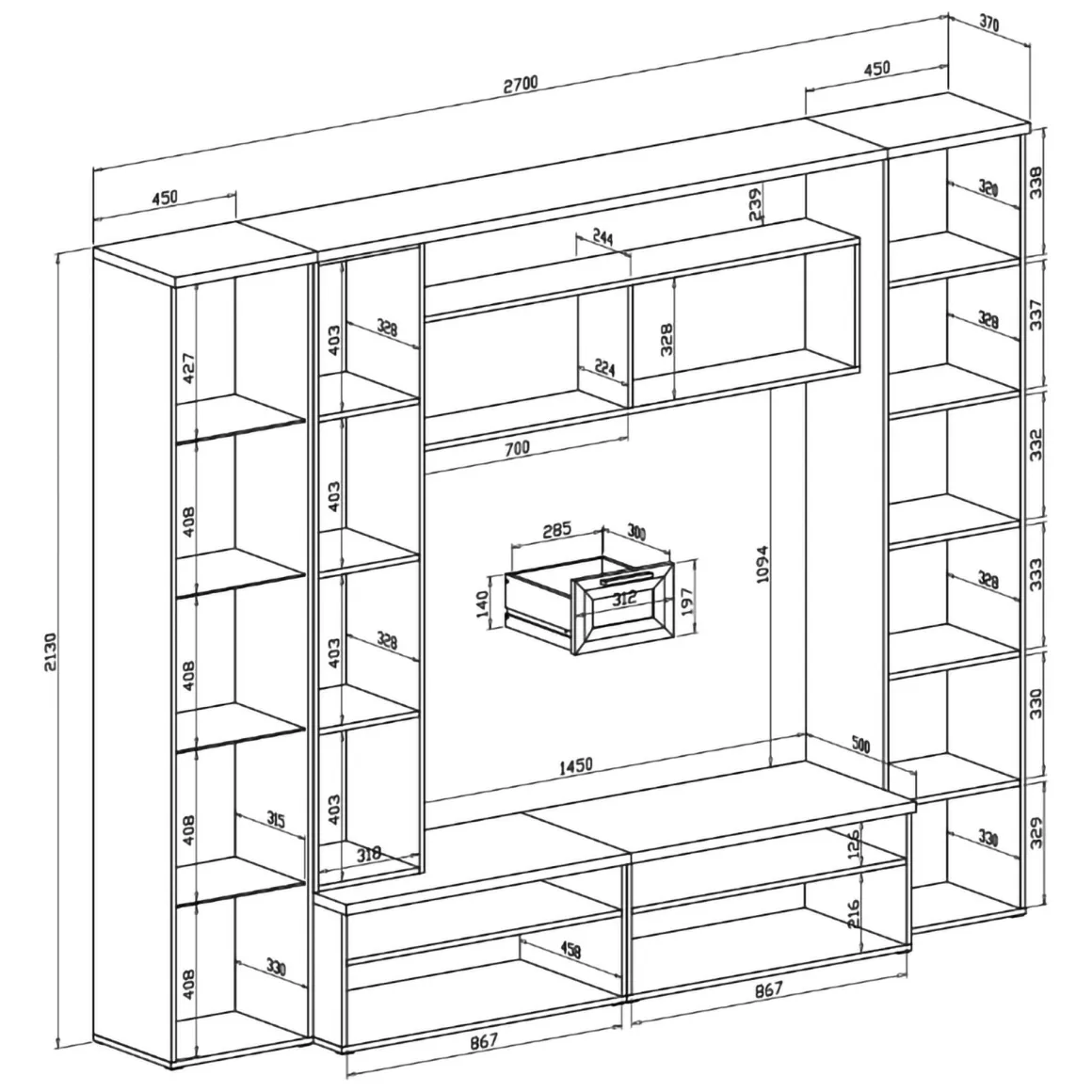 Parete Attrezzata Marrone Olmo Modulabile 4 Cassetti, 8 Ripiani - Carenno