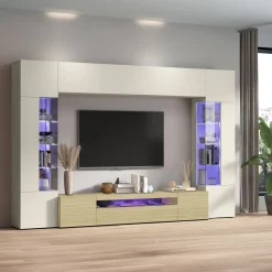 Pareti Attrezzate > Dmora Parete Attrezzata Marrone Rovere Beige Cashmere 14 Ripiani 6 Ante 290x40x191.2h cm, Apertura Battente - Sabbia Beige Cashmere, Marrone Rovere