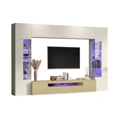 Pareti Attrezzate > Dmora Parete Attrezzata Marrone Rovere Beige Cashmere 14 Ripiani 6 Ante 290x40x191.2h cm, Apertura Battente - Sabbia Beige Cashmere, Marrone Rovere