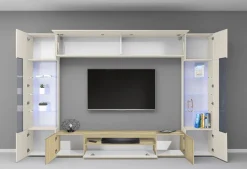 Pareti Attrezzate > Dmora Parete Attrezzata Marrone Rovere Beige Cashmere 14 Ripiani 6 Ante 290x40x191.2h cm, Apertura Battente - Sabbia Beige Cashmere, Marrone Rovere