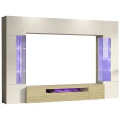 Pareti Attrezzate > Dmora Parete Attrezzata Marrone Rovere Beige Cashmere 14 Ripiani 6 Ante 290x40x191.2h cm, Apertura Battente - Sabbia Beige Cashmere, Marrone Rovere