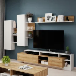 Parete Attrezzata Marrone Rovere Bianco Modulabile 12 Ripiani, 20 Vani - Kanapa
