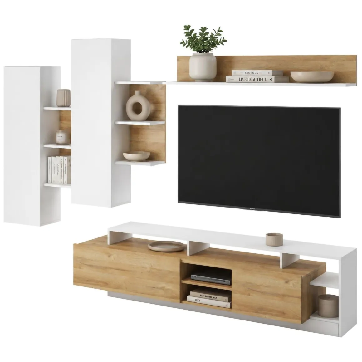 Parete Attrezzata Marrone Rovere Bianco Modulabile 12 Ripiani, 20 Vani - Kanapa