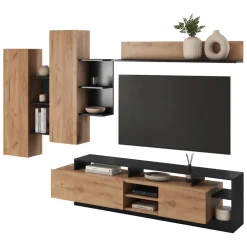 Pareti Attrezzate > Dmora Parete Attrezzata Marrone Rovere Nero Modulabile 8 Ripiani 263x40x167h cm, 7 Vani - Caropepe Nero, Marrone Rovere