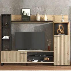 Parete Attrezzata Marrone Rovere Nodi Nero 8 Ripiani 9 Vani 207.5x33x157.5h cm, 2 Ante - Rovato