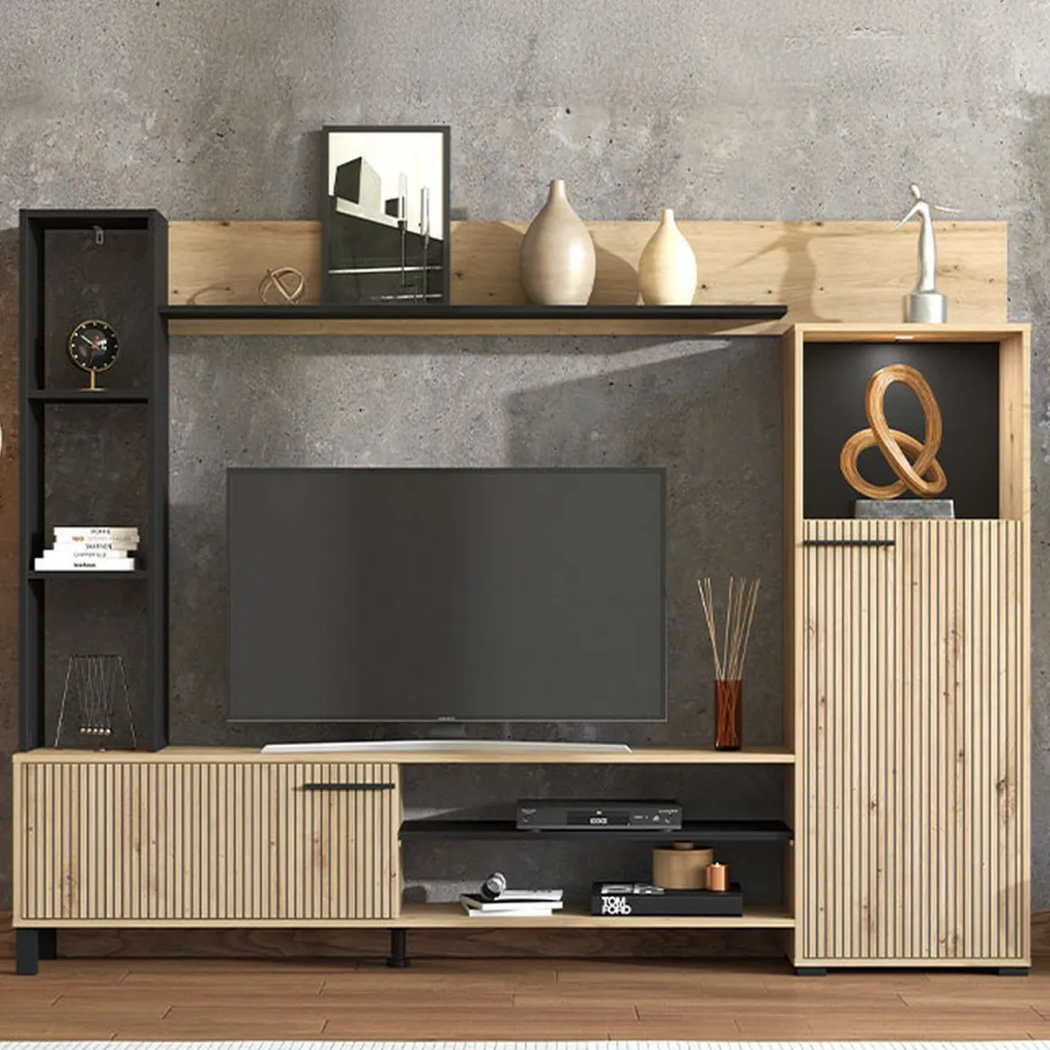 Pareti Attrezzate > Dmora Parete Attrezzata Marrone Rovere Nodi Nero 8 Ripiani Modulabile 263x40x167h cm, 7 Vani - Petrona Nero, Marrone Rovere Nodi