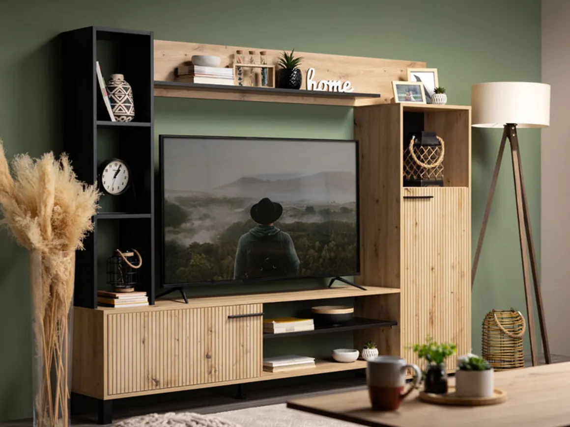 Pareti Attrezzate > Dmora Parete Attrezzata Marrone Rovere Nodi Nero 8 Ripiani Modulabile 263x40x167h cm, 7 Vani - Petrona Nero, Marrone Rovere Nodi