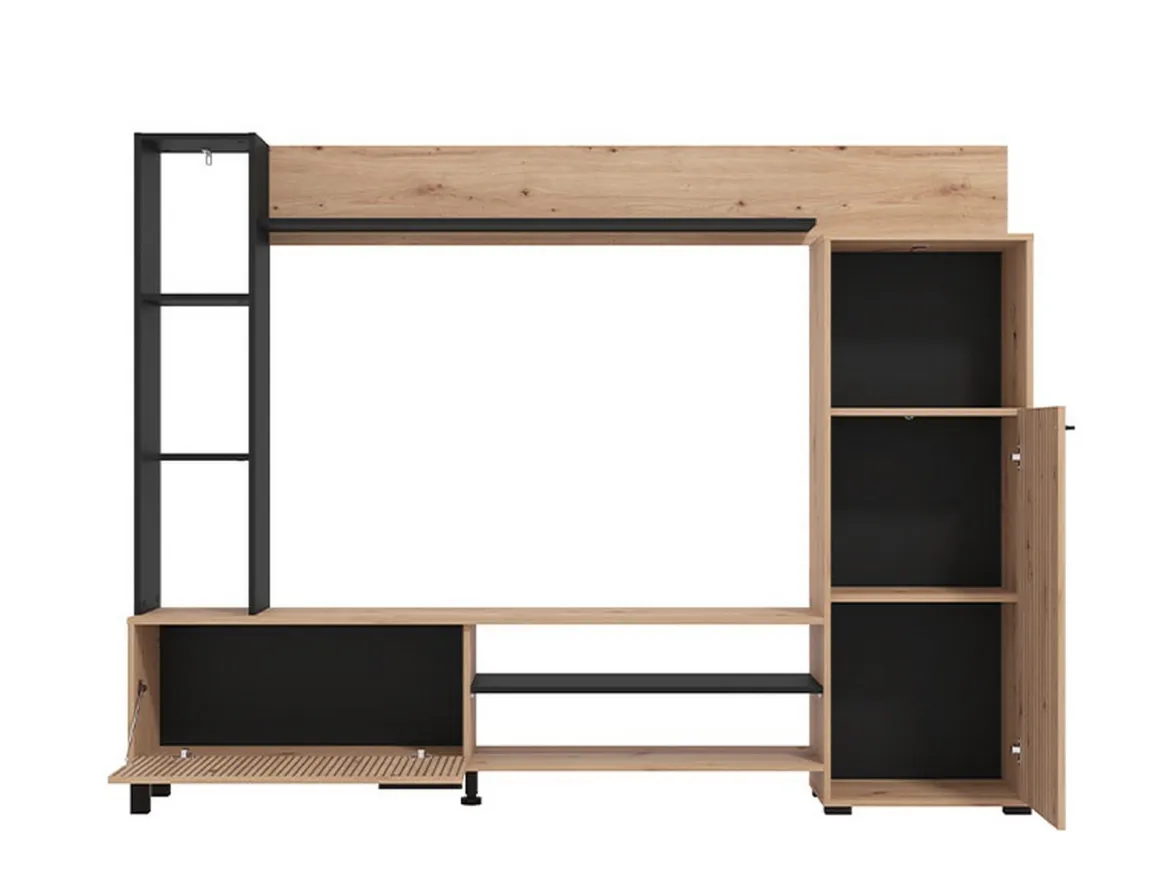 Pareti Attrezzate > Dmora Parete Attrezzata Marrone Rovere Nodi Nero 8 Ripiani Modulabile 263x40x167h cm, 7 Vani - Petrona Nero, Marrone Rovere Nodi