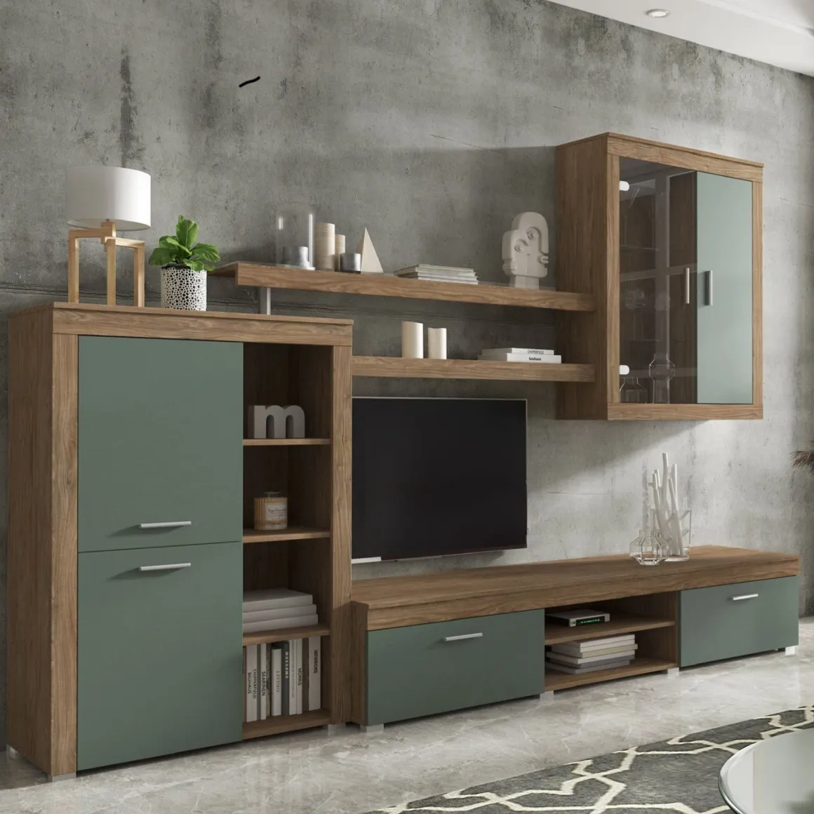 Parete Attrezzata Marrone Rovere Verde 11 Ripiani Modulabile, 18 Vani - Casies