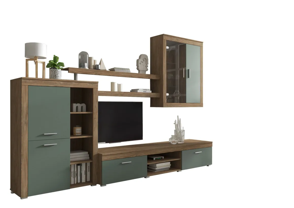 Parete Attrezzata Marrone Rovere Verde 11 Ripiani Modulabile, 18 Vani - Casies