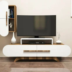 Salotto|Pareti Attrezzate > Dmora Parete attrezzata moderna 145cm noce e bianca - Ifigenia Bianco, Marrone Noce