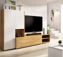 Salotto|Pareti Attrezzate > Dmora Parete attrezzata modulabile 230cm bianca lucida e rovere - Fortuna Marrone Rovere, Bianco Lucido