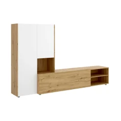 Salotto|Pareti Attrezzate > Dmora Parete attrezzata modulabile 230cm bianca lucida e rovere - Fortuna Marrone Rovere, Bianco Lucido