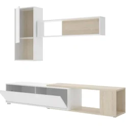 Salotto|Pareti Attrezzate > Dmora Parete attrezzata modulabile 230cm bianca lucida e rovere - Fortuna Marrone Rovere, Bianco Lucido