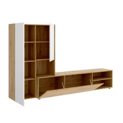Salotto|Pareti Attrezzate > Dmora Parete attrezzata modulabile 230cm bianca lucida e rovere - Fortuna Marrone Rovere, Bianco Lucido