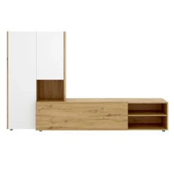Salotto|Pareti Attrezzate > Dmora Parete attrezzata modulabile 230cm bianca lucida e rovere - Fortuna Marrone Rovere, Bianco Lucido