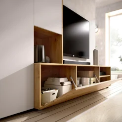 Salotto|Pareti Attrezzate > Dmora Parete attrezzata modulabile 230cm bianca lucida e rovere - Fortuna Marrone Rovere, Bianco Lucido