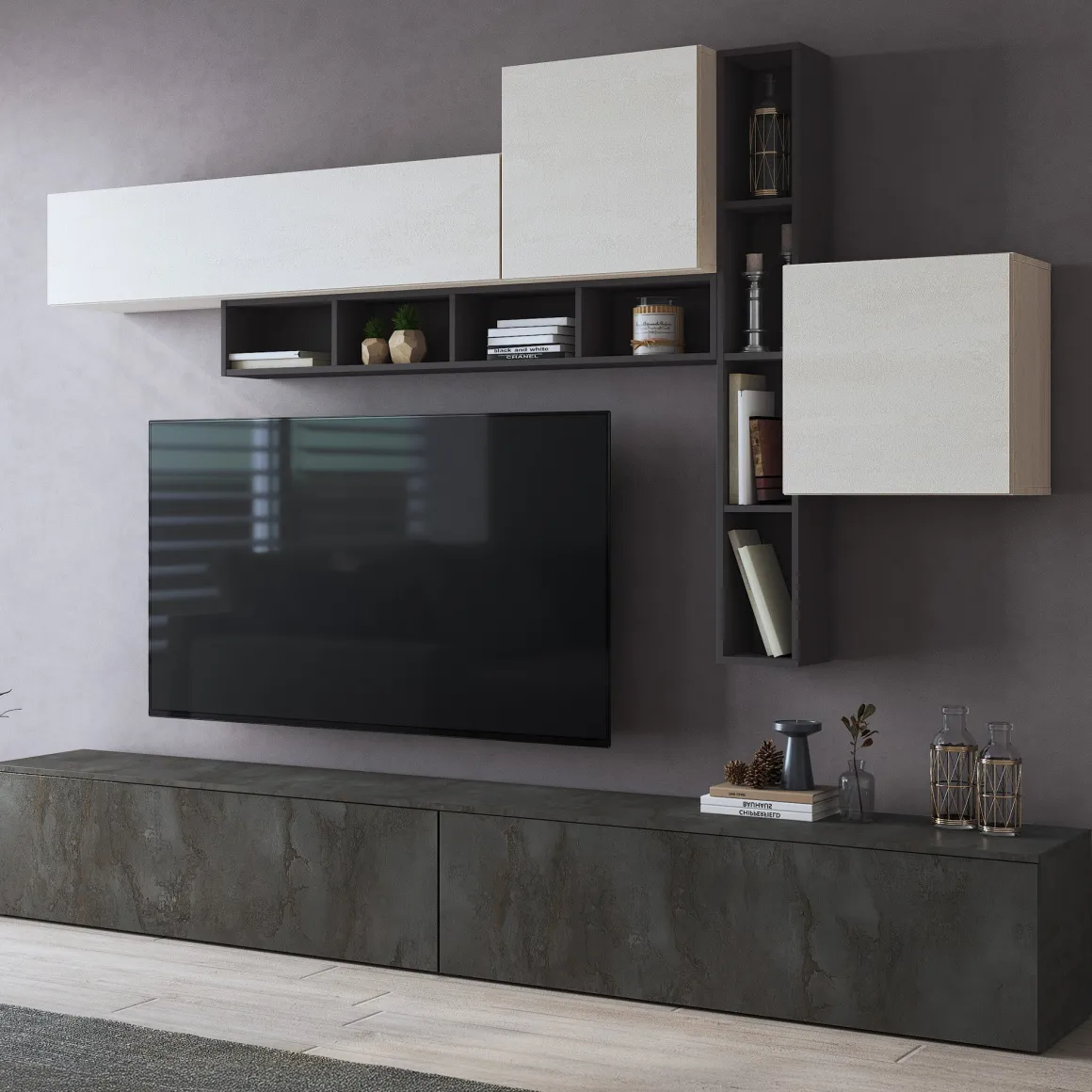 Pareti Attrezzate > Dmora Parete Attrezzata Nero Antracite Bianco Marmo Modulabile 4 Ripiani, 10 Vani - Saluzzo Bianco Marmo, Nero Antracite