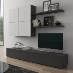 Parete Attrezzata Nero Antracite Bianco Modulabile 4 Ripiani, 6 Ante - Bagnaria