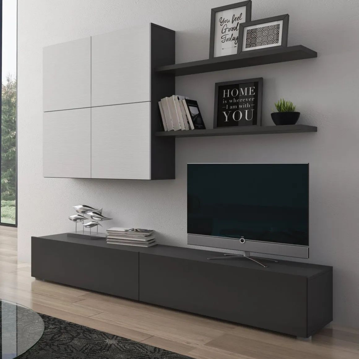 Pareti Attrezzate > Dmora Parete Attrezzata Nero Antracite Bianco Modulabile 6 Ante, set Componibile - Isola Bianco, Nero Antracite