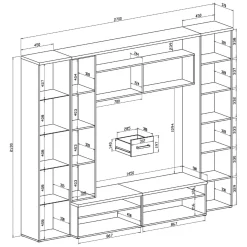 Parete Attrezzata Nero Antracite Grigio Cemento 5 Ripiani 2 Cassetti, Modulabile - Sovizzo