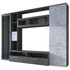 Parete Attrezzata Nero Antracite Grigio Cemento 5 Ripiani 2 Cassetti, Modulabile - Sovizzo