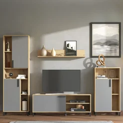 Parete Attrezzata Nero Antracite Marrone Rovere Nodi Modulabile 12 Ripiani 279x38x192.5h cm, 17 Vani - Civitate