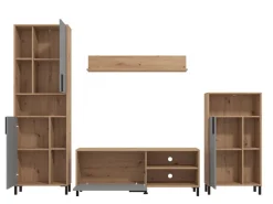 Parete Attrezzata Nero Antracite Marrone Rovere Nodi Modulabile 12 Ripiani 279x38x192.5h cm, 17 Vani - Civitate