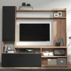 Pareti Attrezzate > Dmora Parete Attrezzata Nero Marrone Rovere Nodi 8 Ripiani 2 Ante 168.5x35x157h cm, 10 Vani - Chieve Marrone, Nero Rovere Nodi