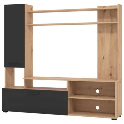 Pareti Attrezzate > Dmora Parete Attrezzata Nero Marrone Rovere Nodi 8 Ripiani 2 Ante 168.5x35x157h cm, 10 Vani - Chieve Marrone, Nero Rovere Nodi