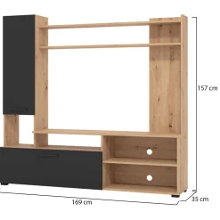 Pareti Attrezzate > Dmora Parete Attrezzata Nero Marrone Rovere Nodi 8 Ripiani 2 Ante 168.5x35x157h cm, 10 Vani - Chieve Marrone, Nero Rovere Nodi
