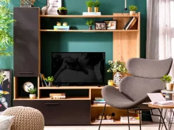 Pareti Attrezzate > Dmora Parete Attrezzata Nero Marrone Rovere Nodi 8 Ripiani 2 Ante 168.5x35x157h cm, 10 Vani - Chieve Marrone, Nero Rovere Nodi