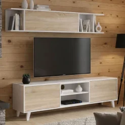 Salotto|Pareti Attrezzate > Dmora Parete attrezzata 6 ripiani 180cm bianca e rovere - Aslan Marrone Rovere, Bianco Lucido