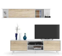 Salotto|Pareti Attrezzate > Dmora Parete attrezzata 6 ripiani 180cm bianca e rovere - Aslan Marrone Rovere, Bianco Lucido