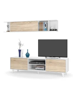 Salotto|Pareti Attrezzate > Dmora Parete attrezzata 6 ripiani 180cm bianca e rovere - Aslan Marrone Rovere, Bianco Lucido