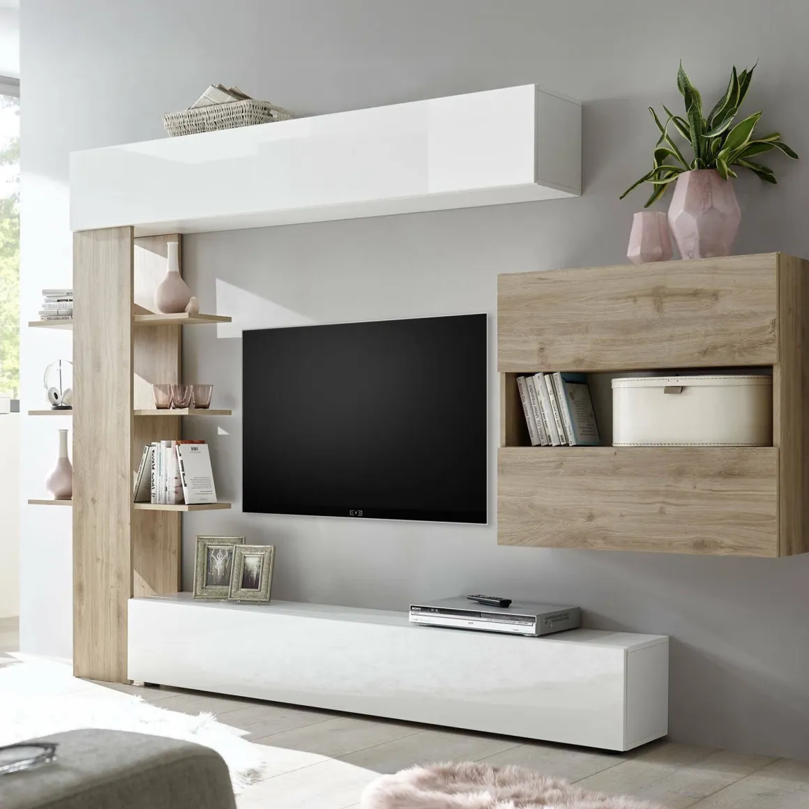 Parete attrezzata smart 295cm bianca lucida e rovere - Aragosta