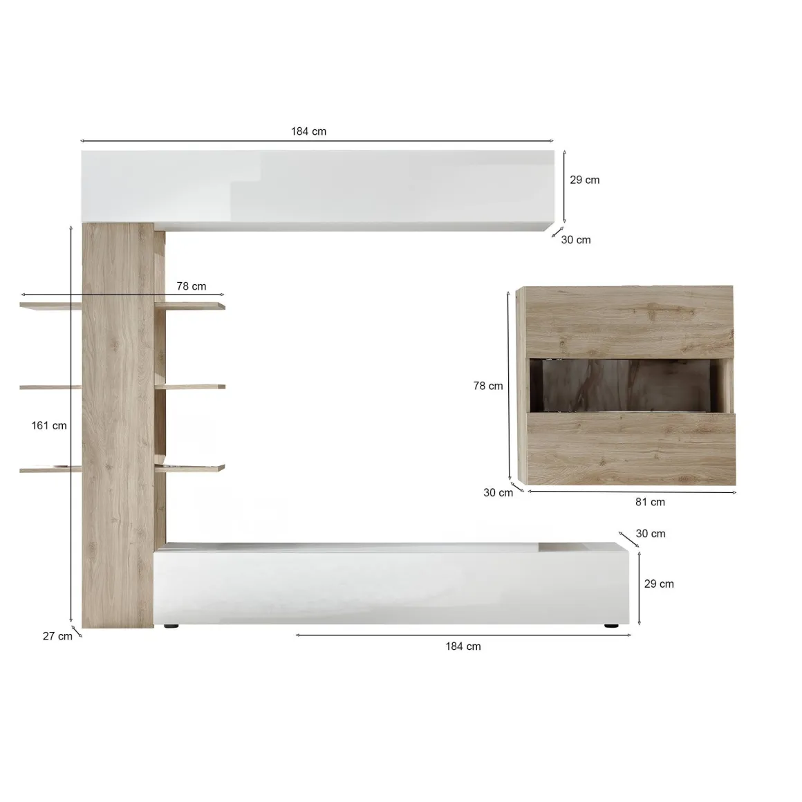 Parete attrezzata smart 295cm bianca lucida e rovere - Aragosta