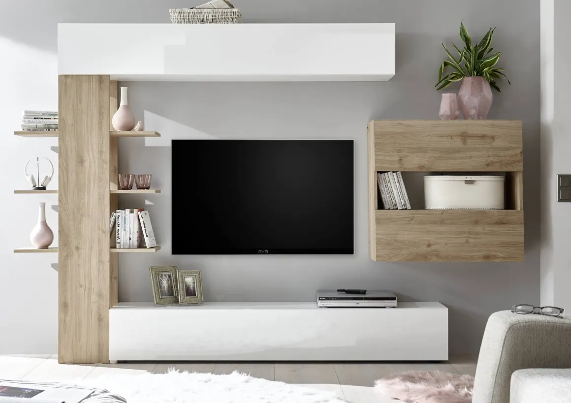 Parete attrezzata smart 295cm bianca lucida e rovere - Aragosta