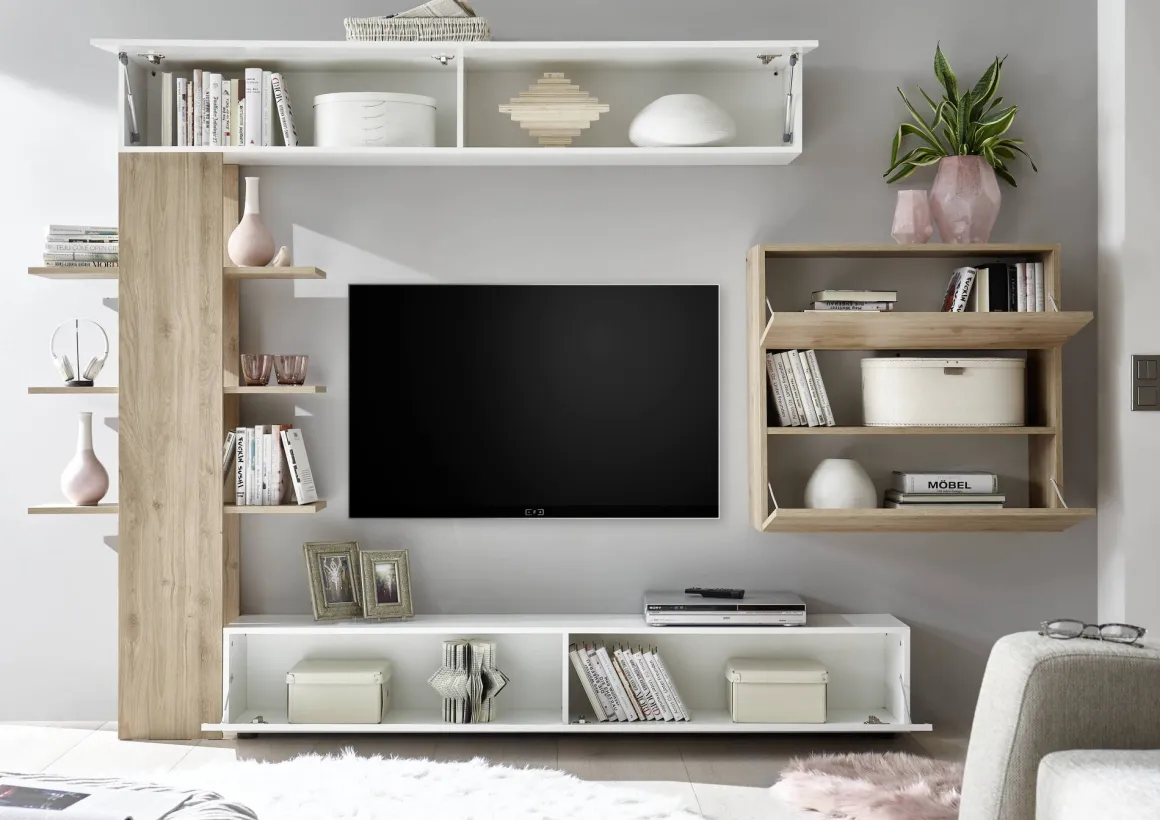 Parete attrezzata smart 295cm bianca lucida e rovere - Aragosta
