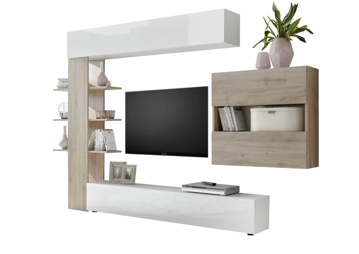 Parete attrezzata smart 295cm bianca lucida e rovere - Aragosta
